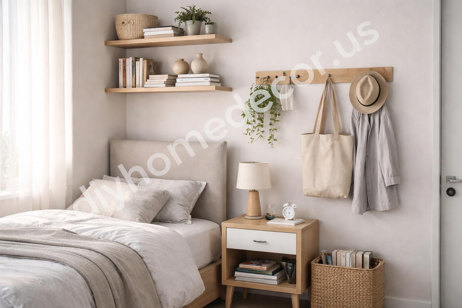 Vertical bedroom storage with floating shelves