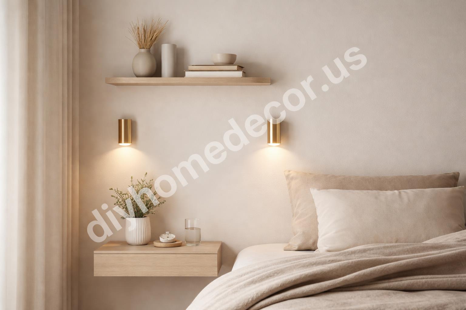 Wall sconces and floating shelf in small bedroom
