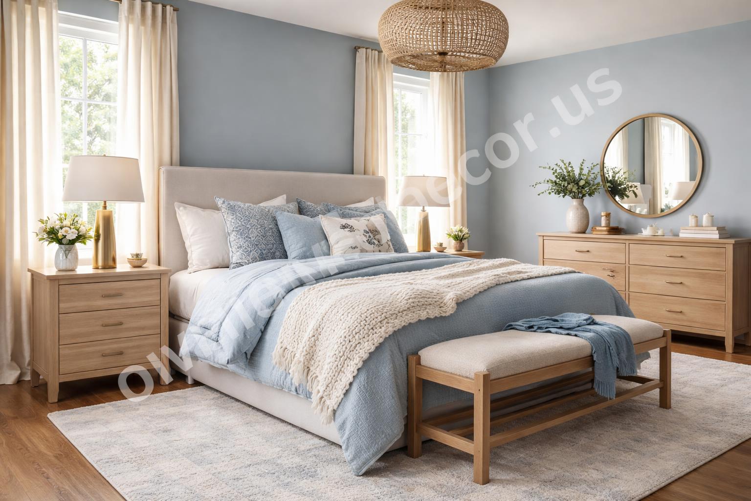 Warm accents in a blue bedroom with wood and brass