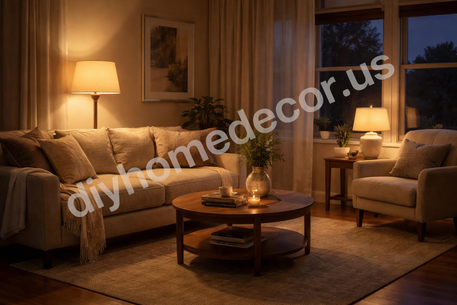 Warm lamp lighting cozy living room