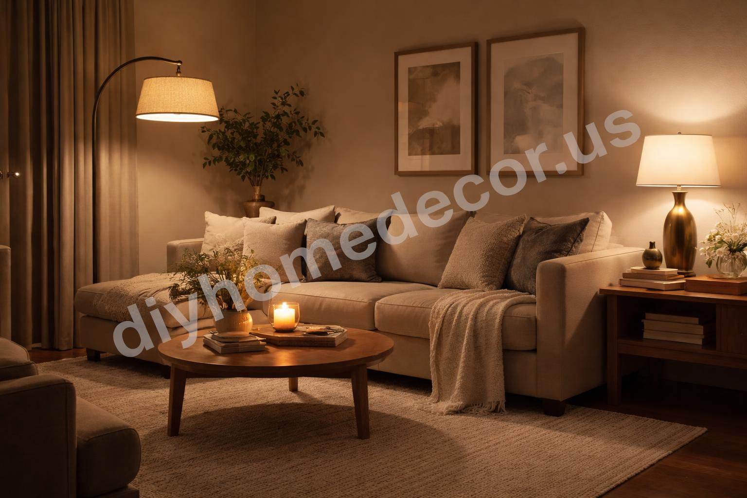 Warm layered living room lighting at night