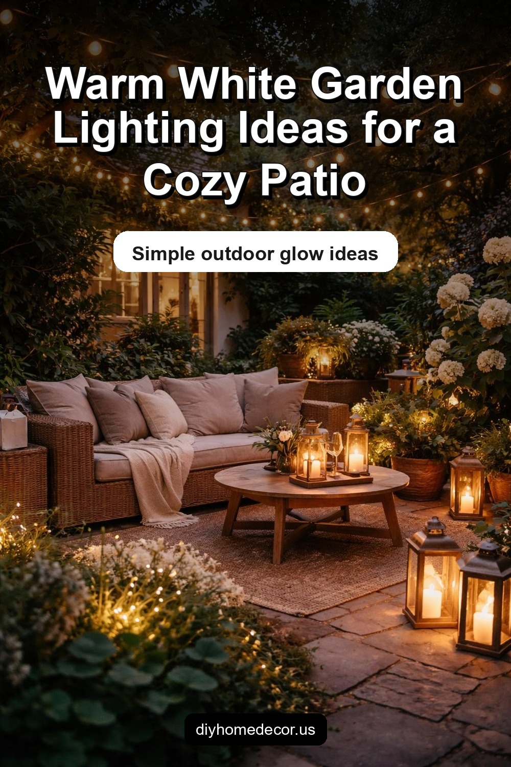 Pinterest image for Best Warm White Garden Lighting Décor for Cozy Outdoor Spaces