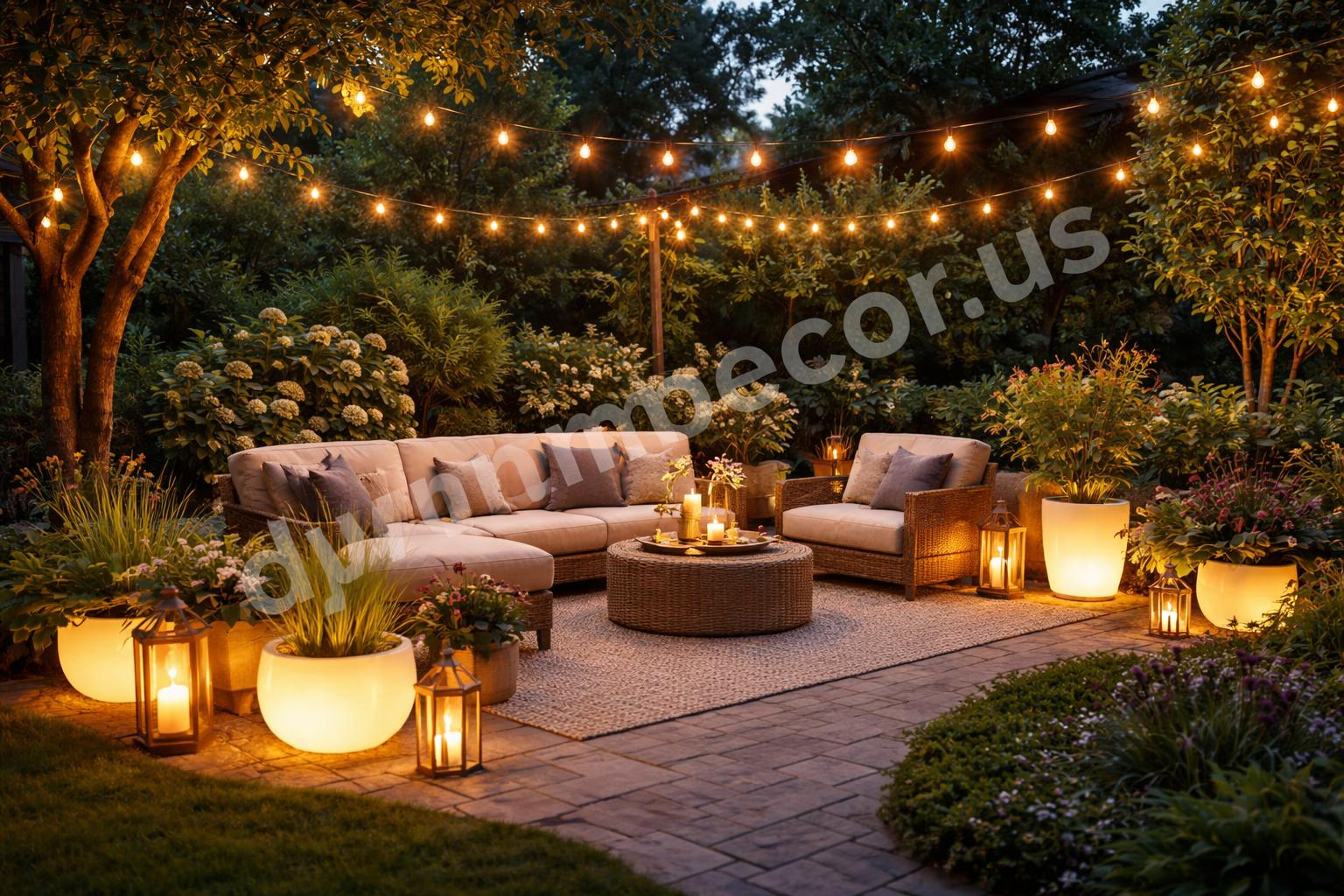 Warm white garden lights final evening scene
