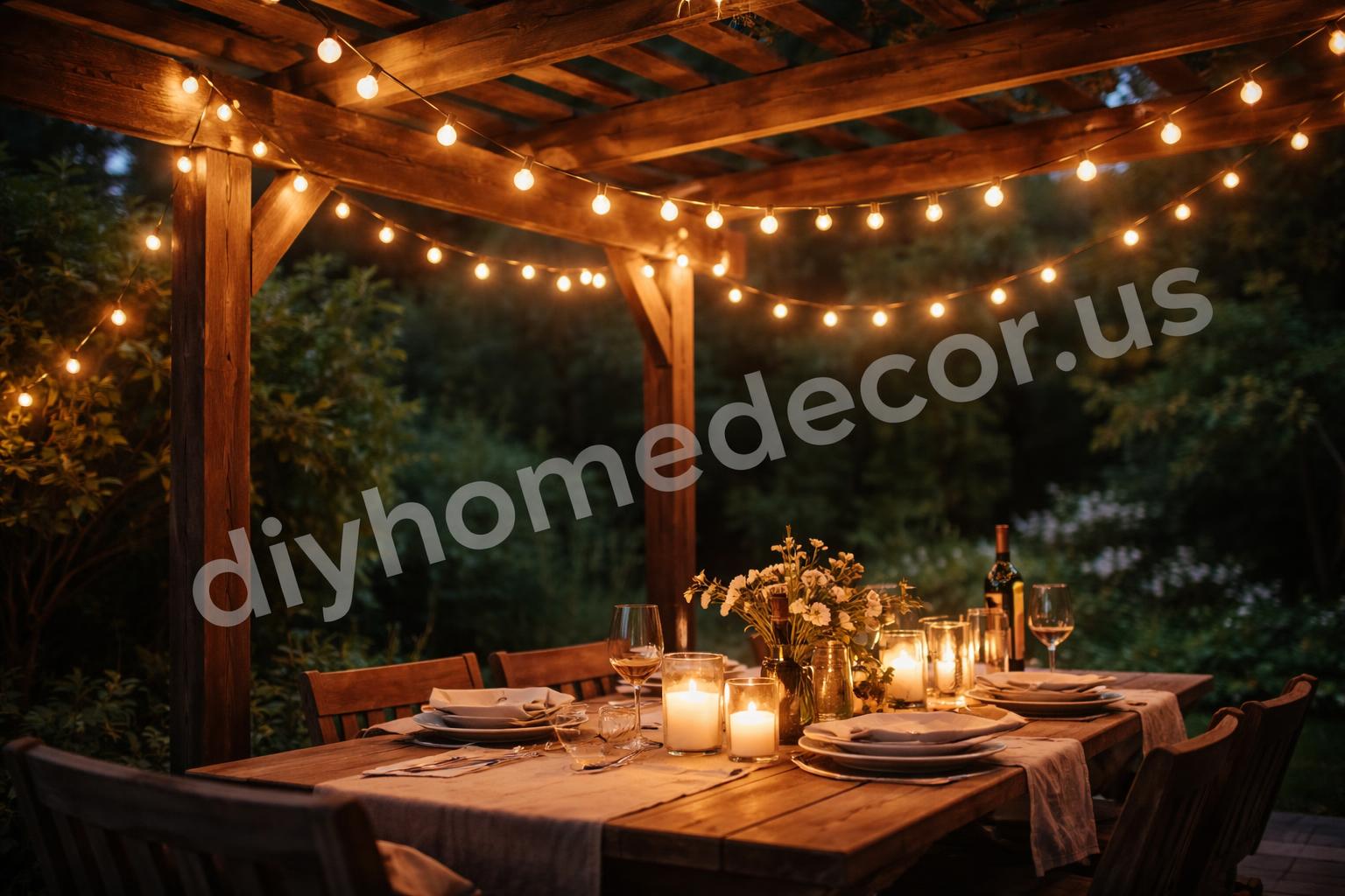 Warm white string lights pergola evening