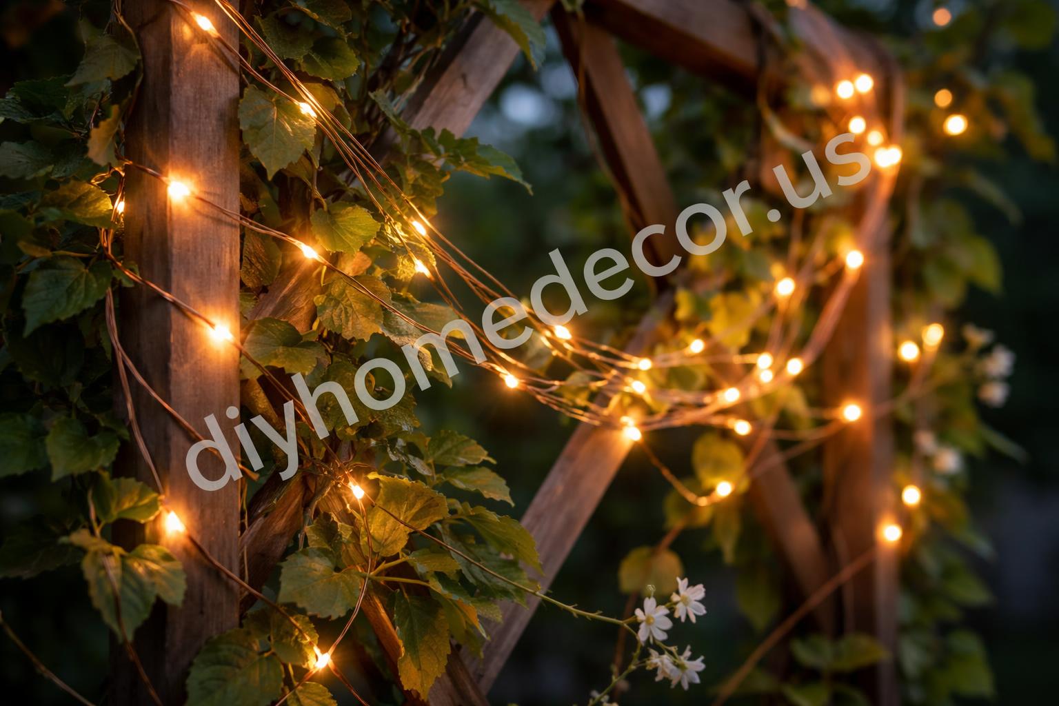 Waterproof copper fairy lights around trellis