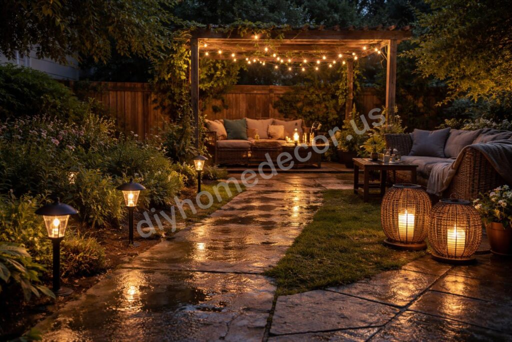 Waterproof garden lighting decor at dusk