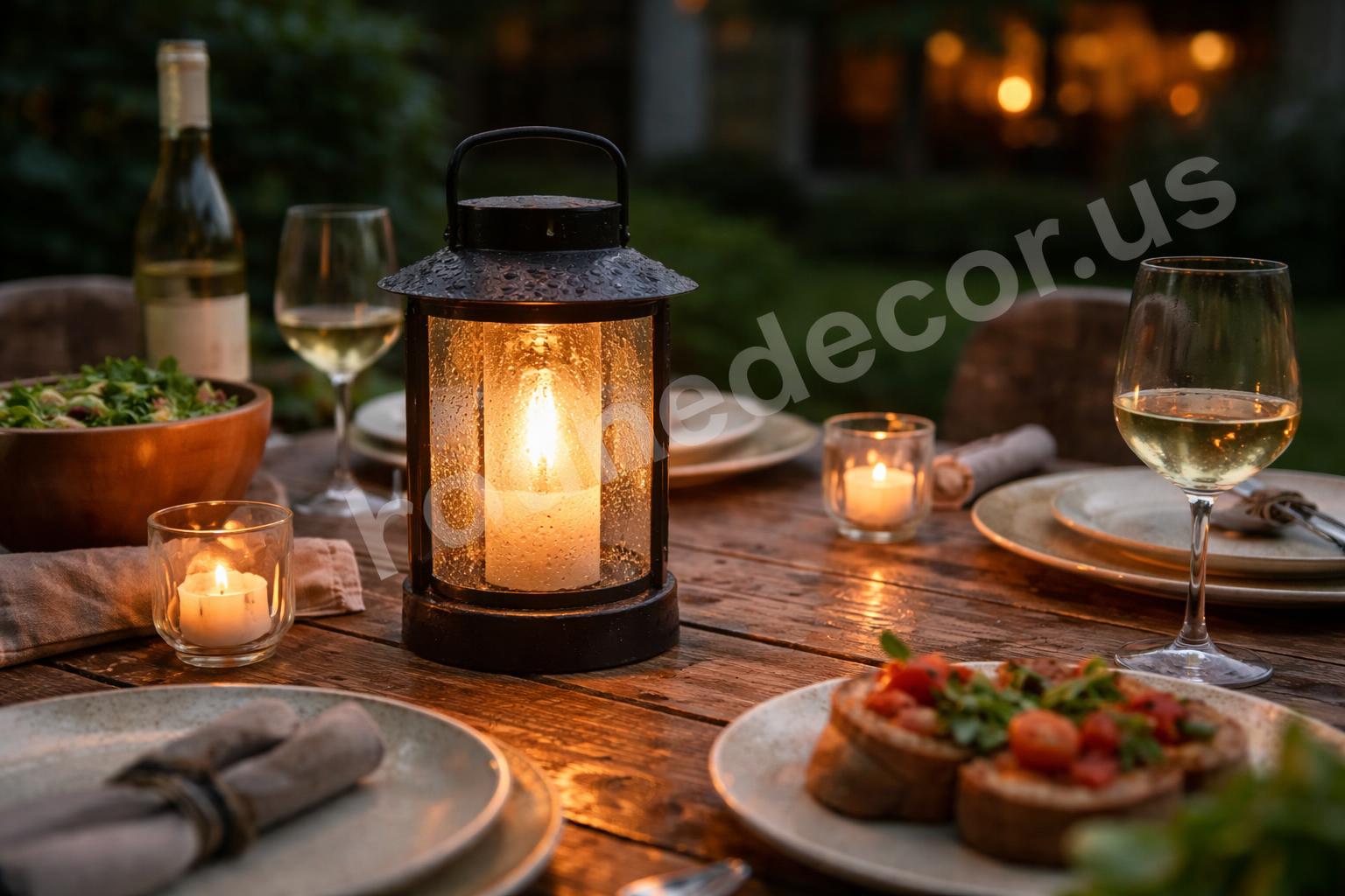 Waterproof tabletop lantern on outdoor dining table