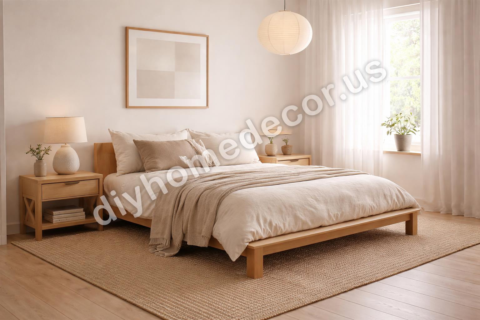 Woven neutral rug under low bed in small bedroom