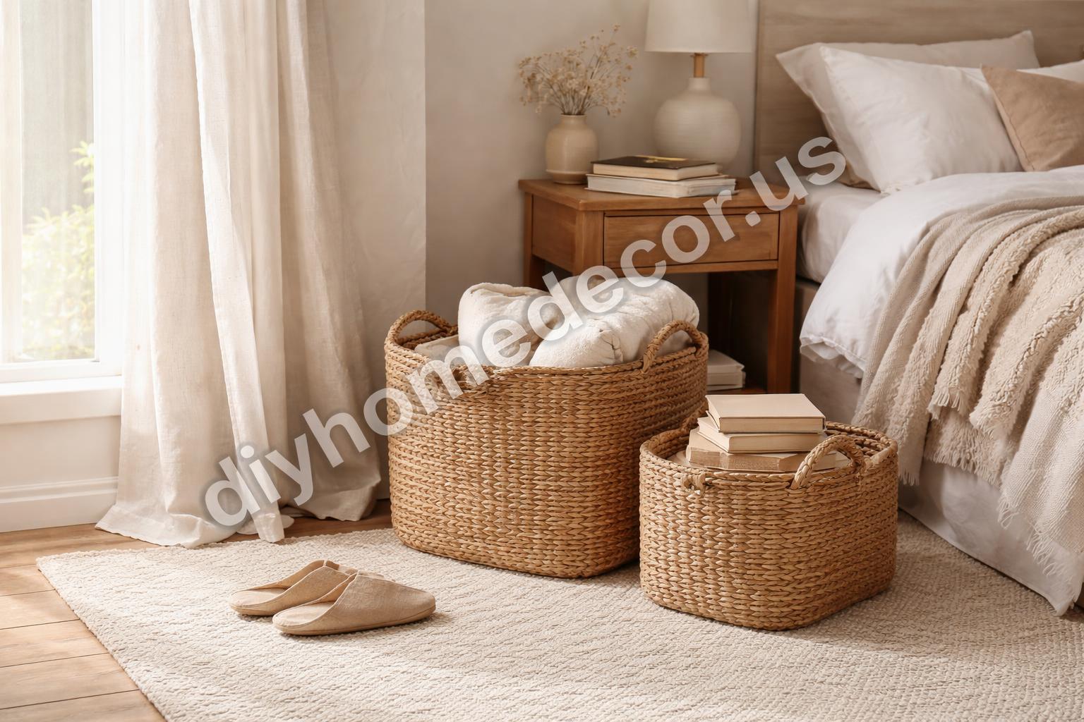 Woven storage baskets in cozy bedroom corner