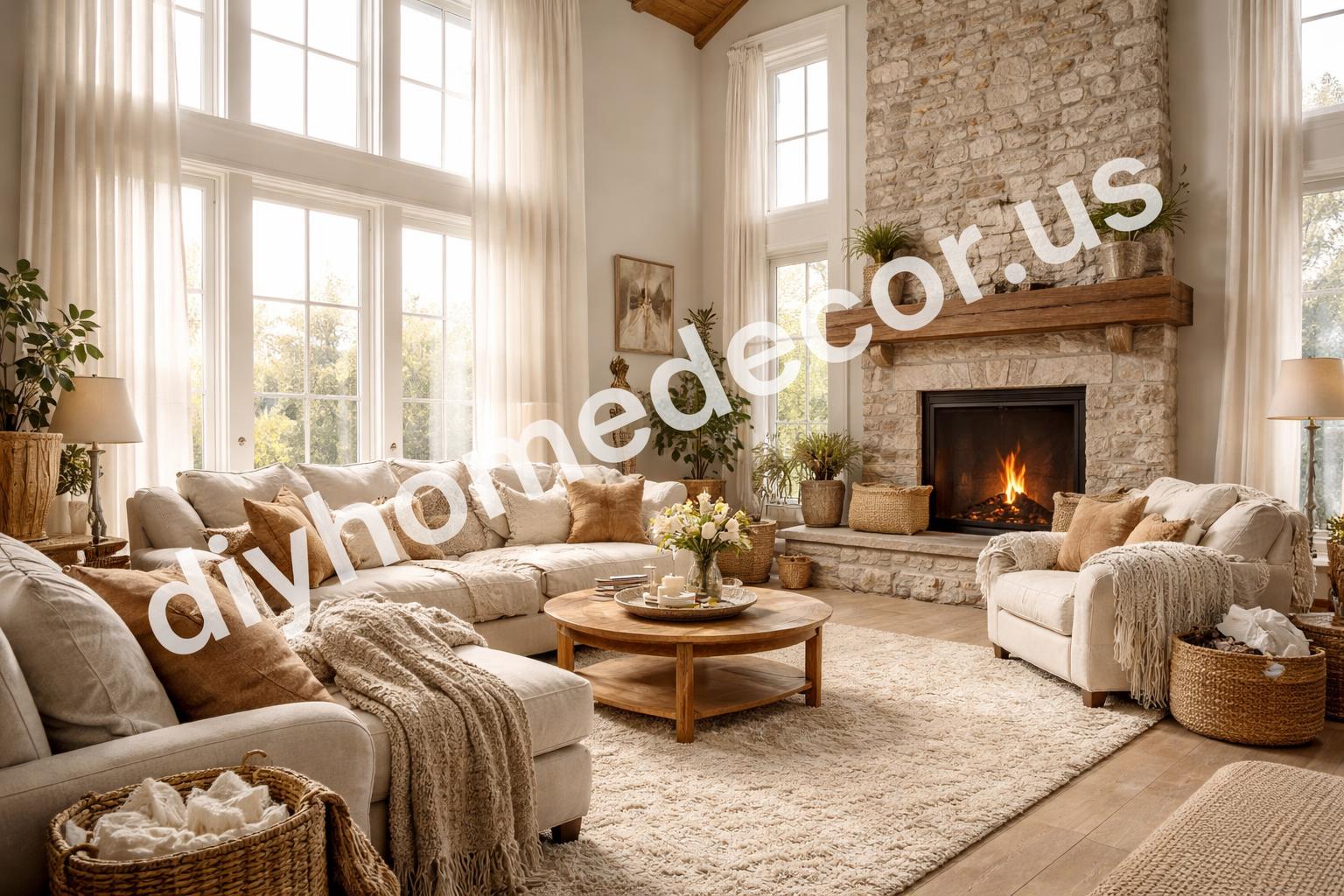Cozy textures and curtains in high ceiling living room