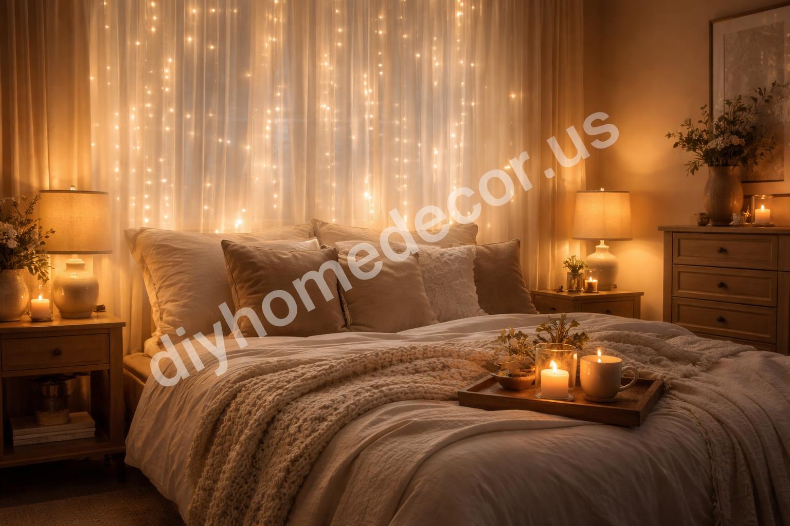 Fairy lights on sheer curtains in romantic bedroom