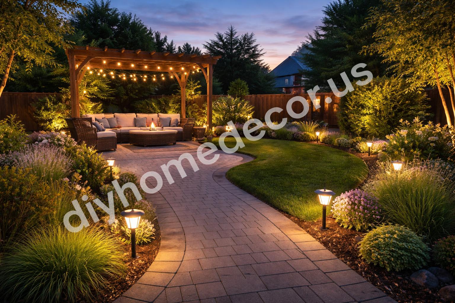 Finished backyard lighting at dusk