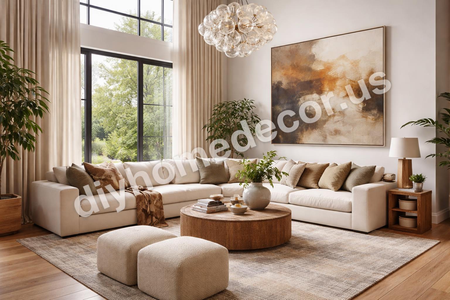 Finished high ceiling living room with cozy modern style
