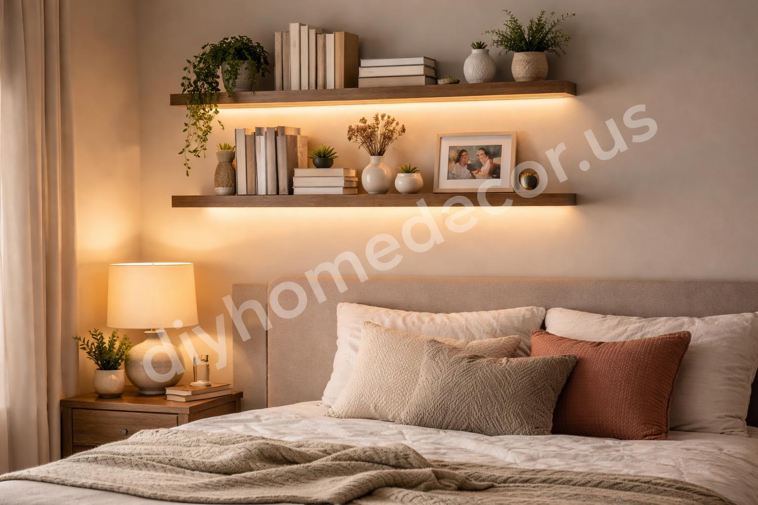 Floating shelf led lighting with books and plants