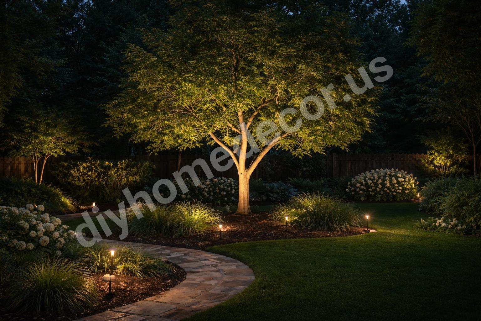 Focal point tree and garden spotlighting