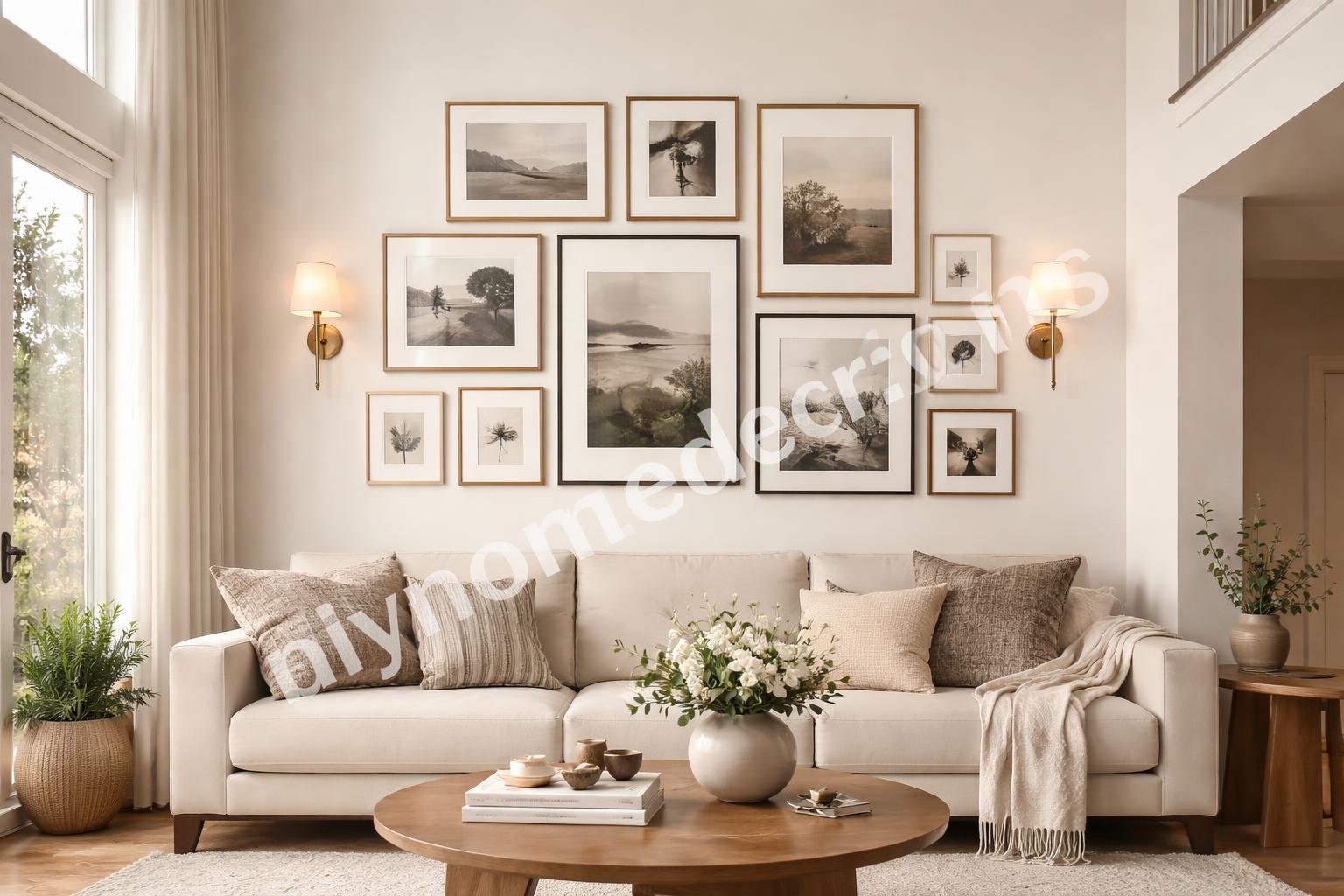 Gallery wall and wall sconces for tall living room