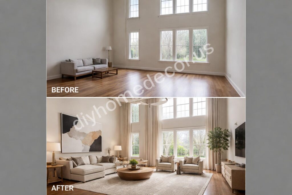 High ceiling living room before and after
