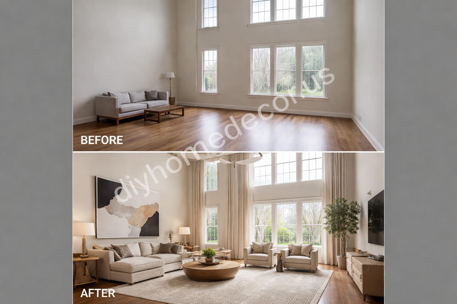 High ceiling living room before and after
