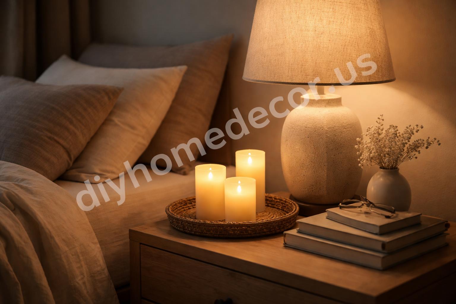 Led candles on nightstands with soft bedside lighting
