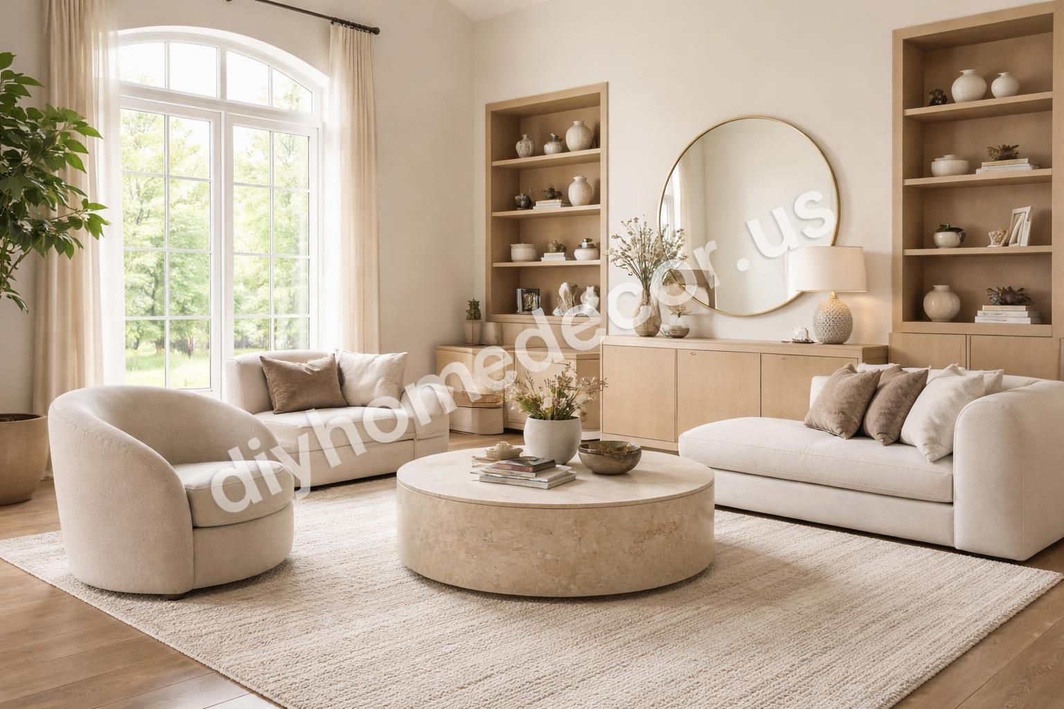 Repeated shapes and balanced decor in tall room