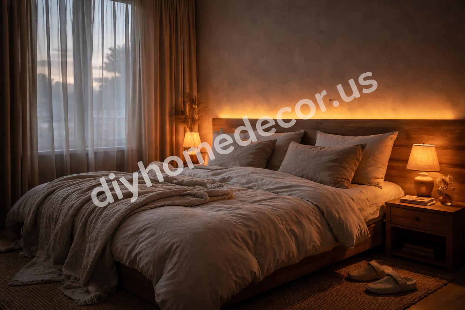Soft led bedroom glow with headboard and curtains