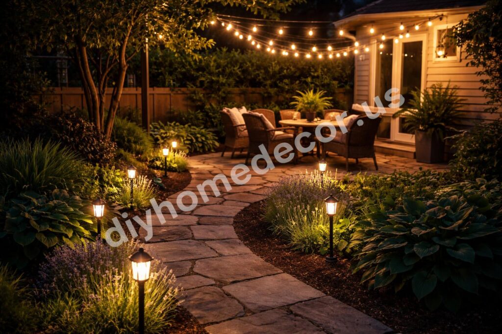Solar and led garden lighting night composition