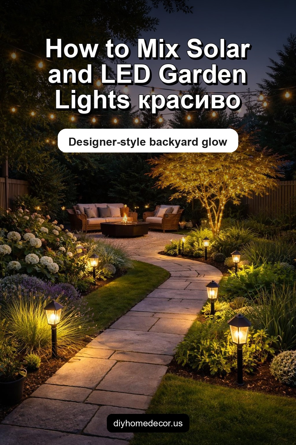 Pinterest image for How to Mix Solar and LED Garden Lighting Decor Like a Designer