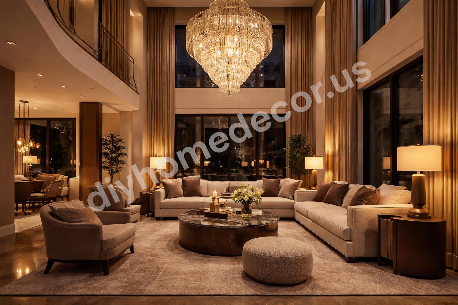 Statement chandelier in high ceiling living room