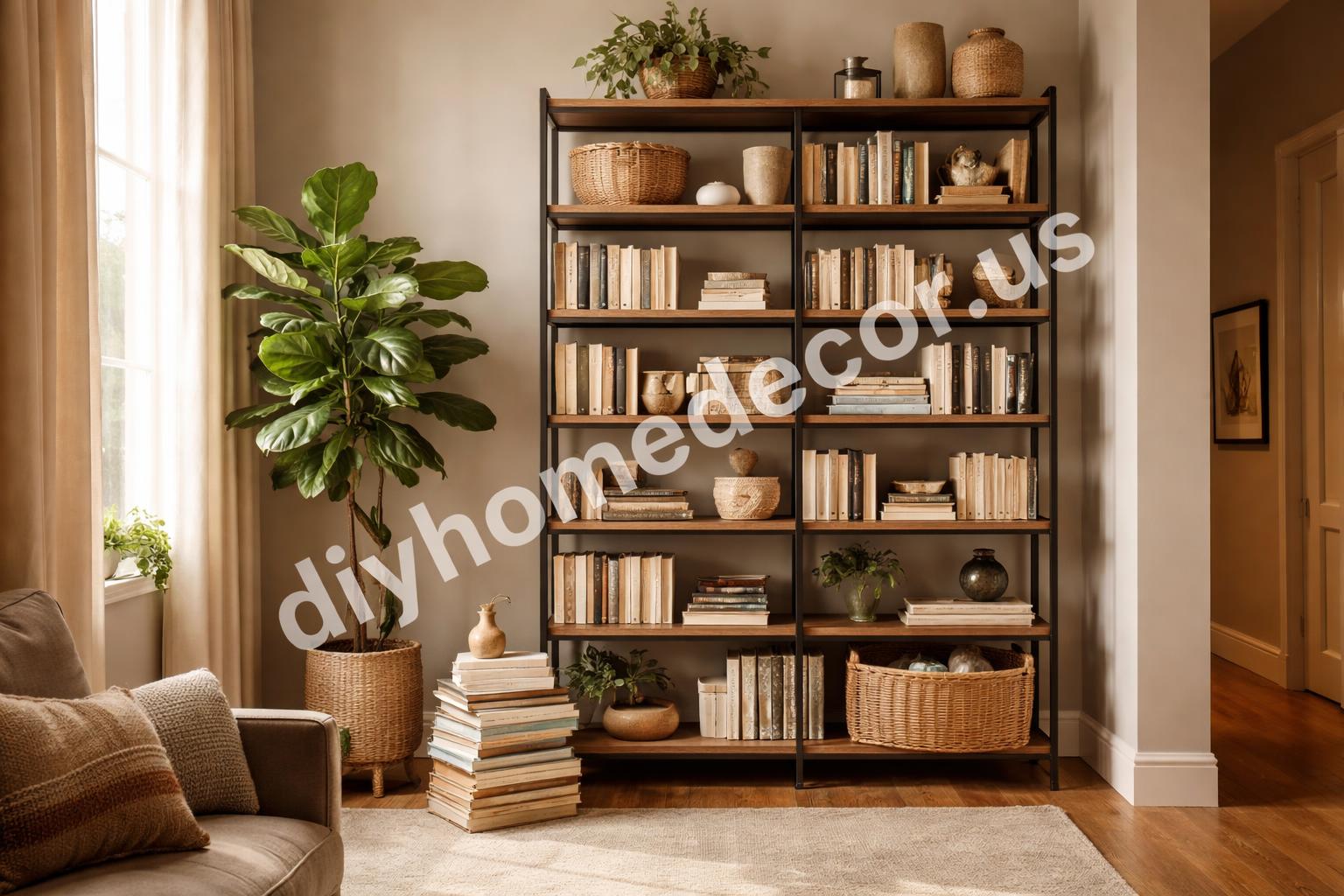Styled corner with bookshelf and tall plant
