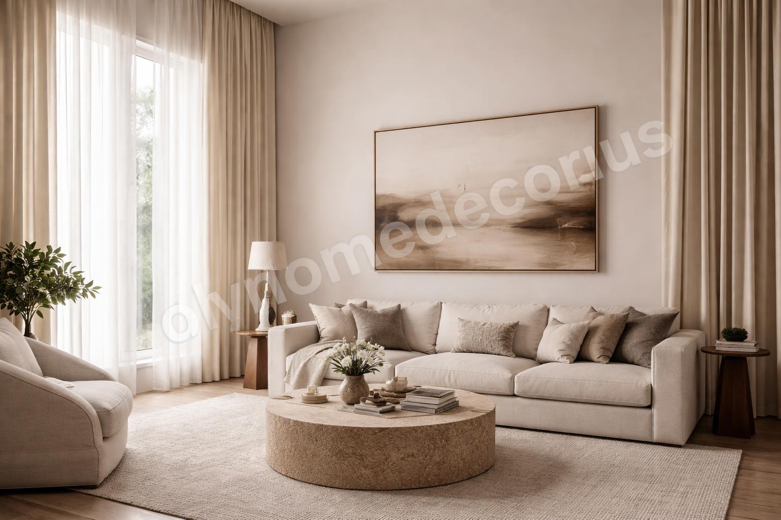 Tall curtains and large art in high ceiling living room